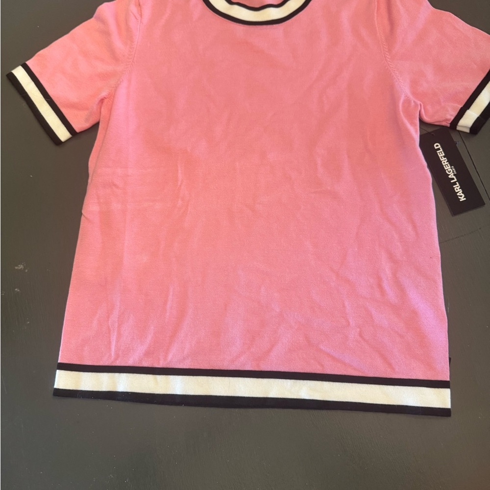 Karl Lagerfeld Pink Tee with Black and White Trim